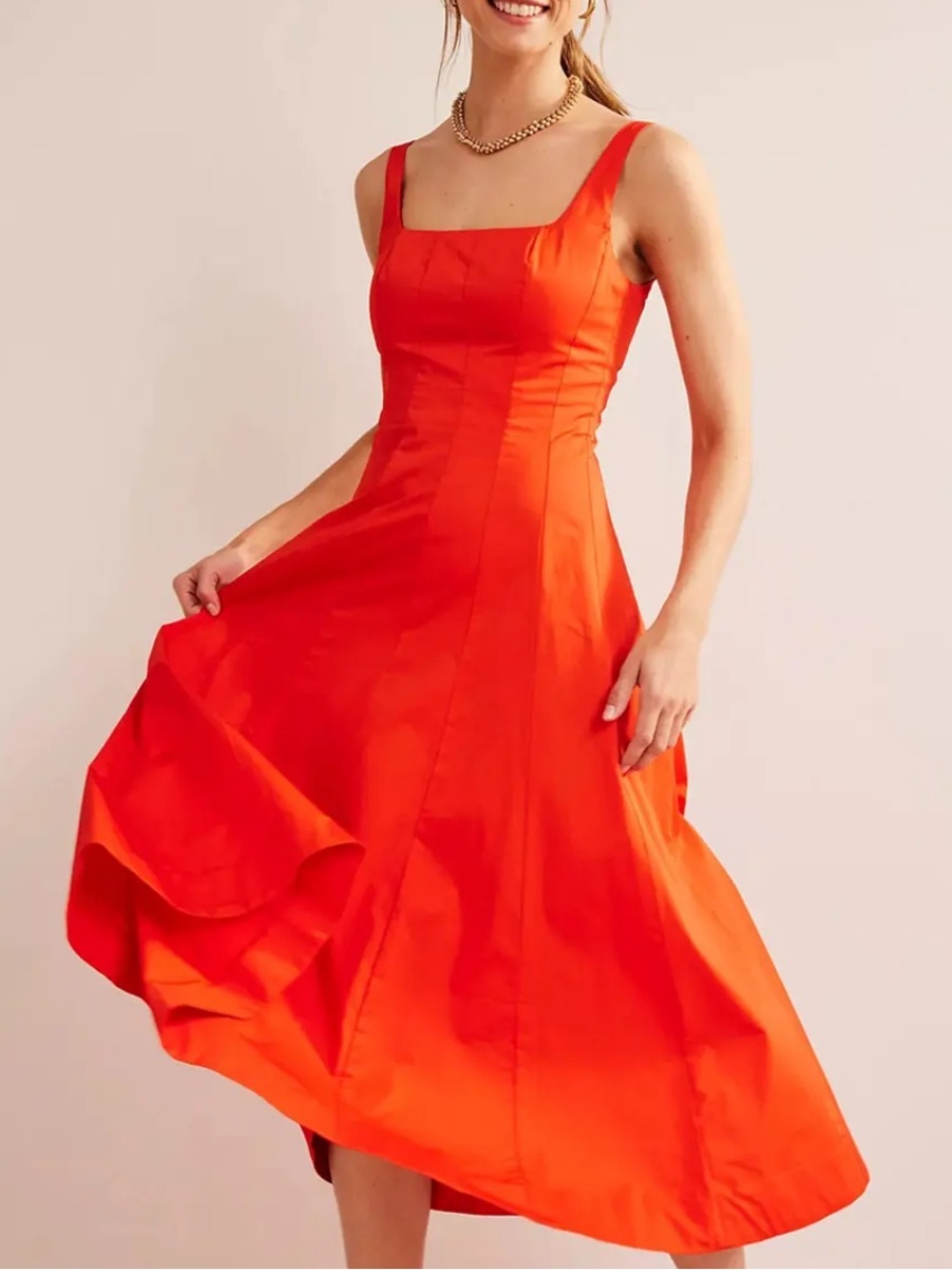 Boden Bright Orange Square-Neck Panelled Midi Dress
